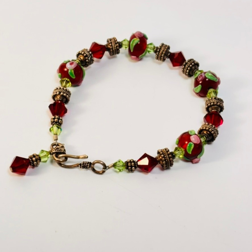 Lampwork Art Glass Bracelet Red Green Floral Boho Whimsygoth Cottagecore